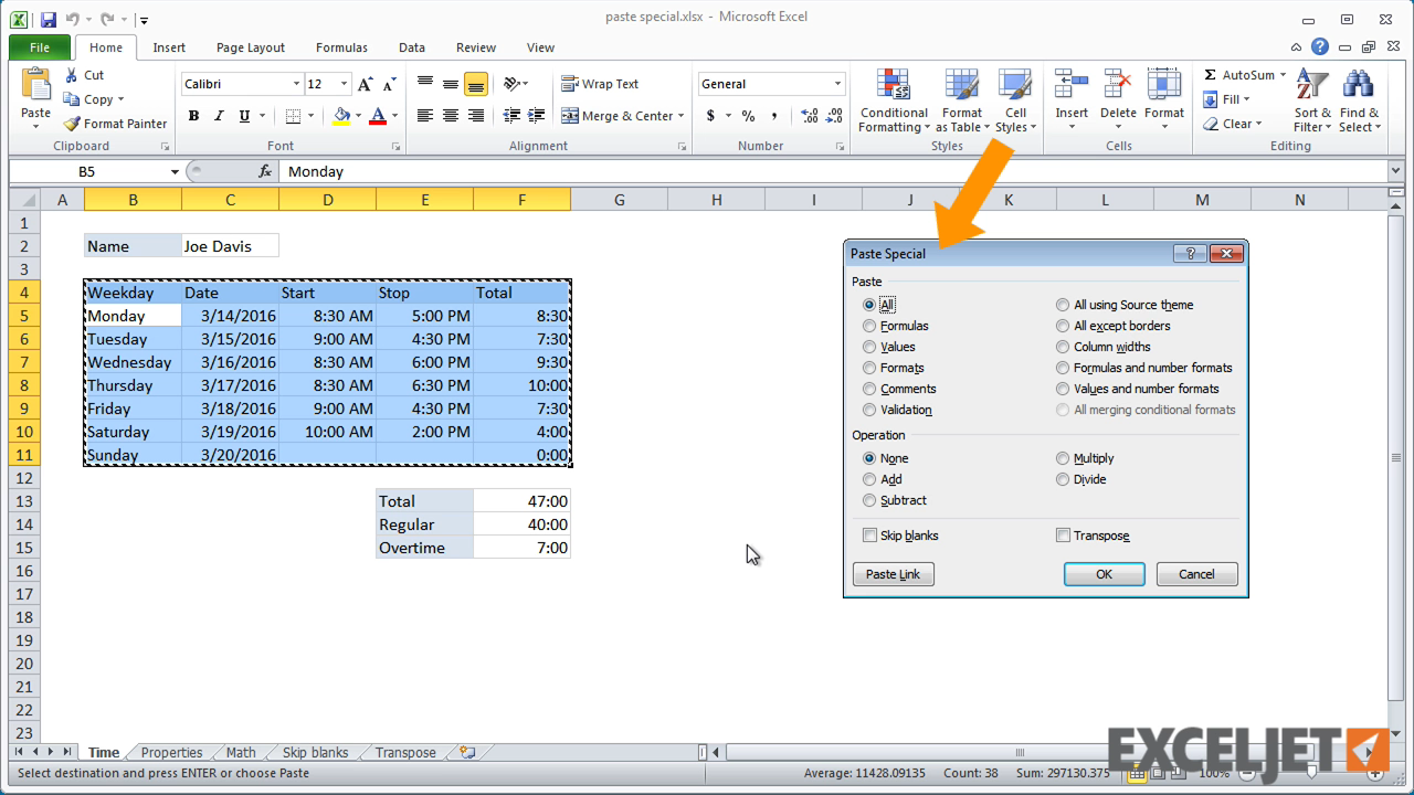 shortcut key on excel mac for paste special
